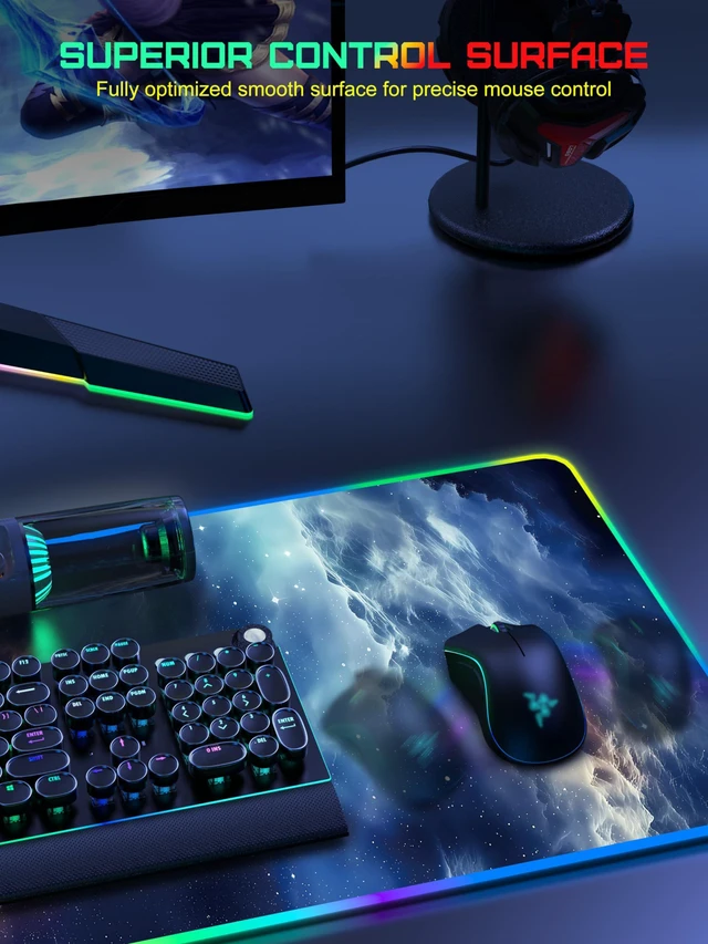 Alt view image 5 of 7 - RGB Gaming Mouse Pad with Wireless Charging, Large Desk Mat, Blue Nebula 31.5 x 15.8 XXL Large Waterproof Mousepad Home Office Desk Pad, Includes 20W PD Adapter & 6.56ft Woven Cable