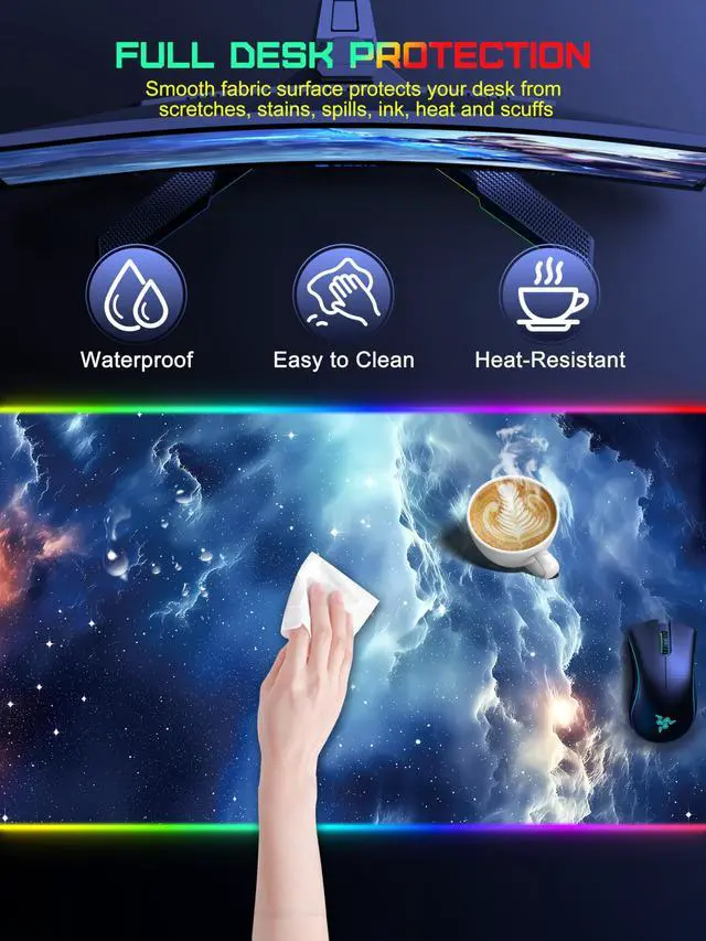 Alt view image 7 of 7 - RGB Gaming Mouse Pad with Wireless Charging, Large Desk Mat, Blue Nebula 31.5 x 15.8 XXL Large Waterproof Mousepad Home Office Desk Pad, Includes 20W PD Adapter & 6.56ft Woven Cable