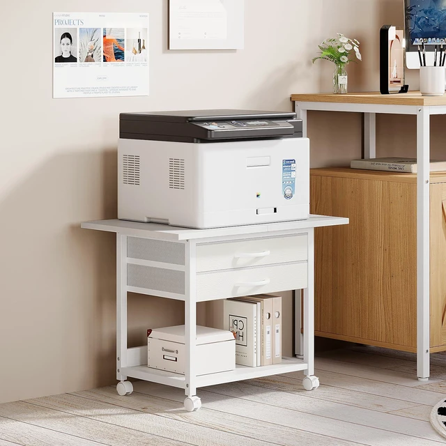 Alt view image 2 of 7 - Large Printer Stand with Storage Fabric Drawer Under Desk Printer Table with Wheels for Home Office, Printer Cart fit Fax Machine Scanner 23.4"x15.7" (White, 2 Tiers)