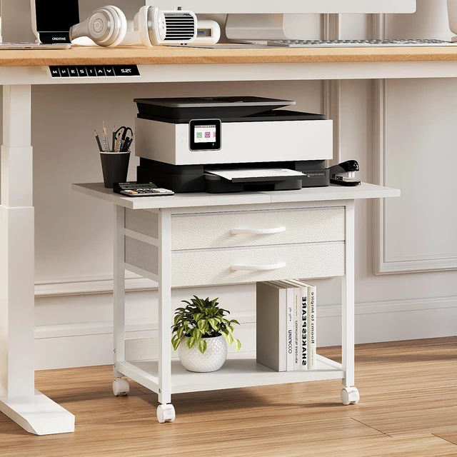 Alt view image 4 of 7 - Large Printer Stand with Storage Fabric Drawer Under Desk Printer Table with Wheels for Home Office, Printer Cart fit Fax Machine Scanner 23.4"x15.7" (White, 2 Tiers)