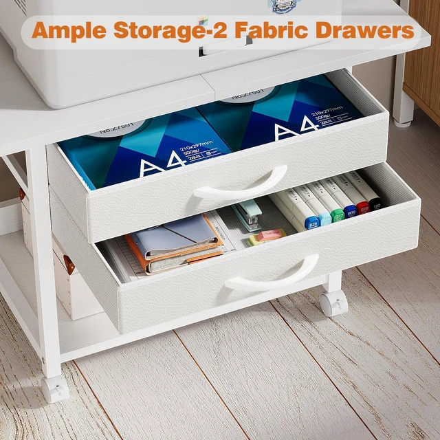 Alt view image 6 of 7 - Large Printer Stand with Storage Fabric Drawer Under Desk Printer Table with Wheels for Home Office, Printer Cart fit Fax Machine Scanner 23.4"x15.7" (White, 2 Tiers)