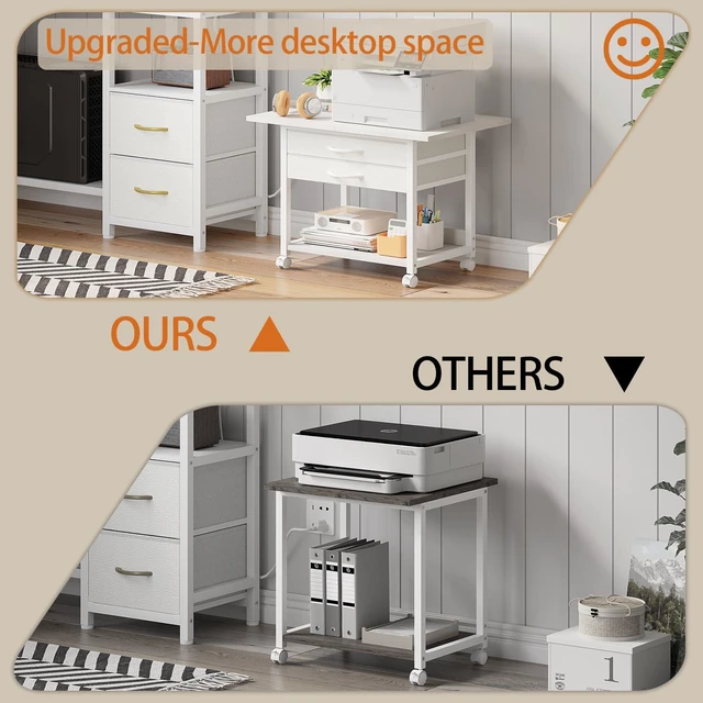 Alt view image 7 of 7 - Large Printer Stand with Storage Fabric Drawer Under Desk Printer Table with Wheels for Home Office, Printer Cart fit Fax Machine Scanner 23.4"x15.7" (White, 2 Tiers)