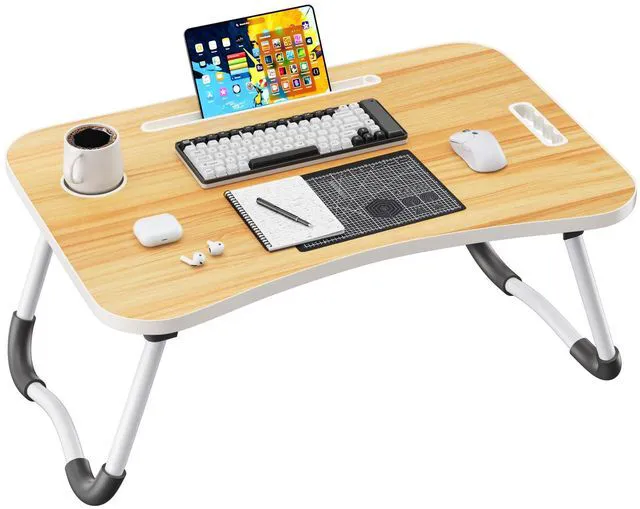 Main image of Folding Lap Desk, 23.6 Inch Wood Laptop Bed Desk with Cup Holder, Portable Bed Table for Working Writing Reading, Eating for Bed, Floor, Sofa, Couch - Yellow