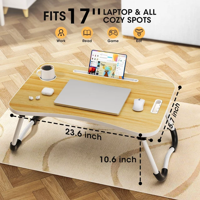 Alt view image 2 of 7 - Folding Lap Desk, 23.6 Inch Wood Laptop Bed Desk with Cup Holder, Portable Bed Table for Working Writing Reading, Eating for Bed, Floor, Sofa, Couch - Yellow