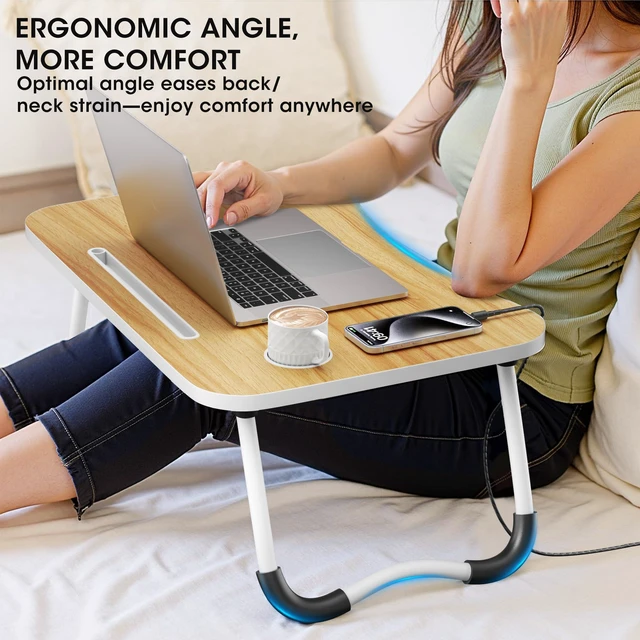 Alt view image 4 of 7 - Folding Lap Desk, 23.6 Inch Wood Laptop Bed Desk with Cup Holder, Portable Bed Table for Working Writing Reading, Eating for Bed, Floor, Sofa, Couch - Yellow