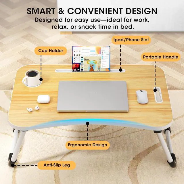 Alt view image 3 of 7 - Folding Lap Desk, 23.6 Inch Wood Laptop Bed Desk with Cup Holder, Portable Bed Table for Working Writing Reading, Eating for Bed, Floor, Sofa, Couch - Yellow