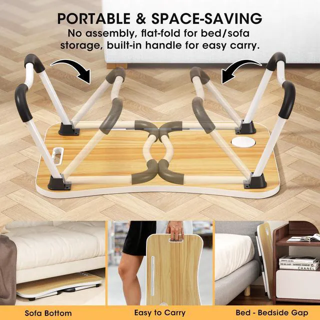 Alt view image 6 of 7 - Folding Lap Desk, 23.6 Inch Wood Laptop Bed Desk with Cup Holder, Portable Bed Table for Working Writing Reading, Eating for Bed, Floor, Sofa, Couch - Yellow