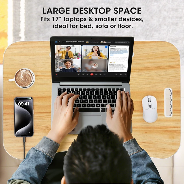 Alt view image 5 of 7 - Folding Lap Desk, 23.6 Inch Wood Laptop Bed Desk with Cup Holder, Portable Bed Table for Working Writing Reading, Eating for Bed, Floor, Sofa, Couch - Yellow