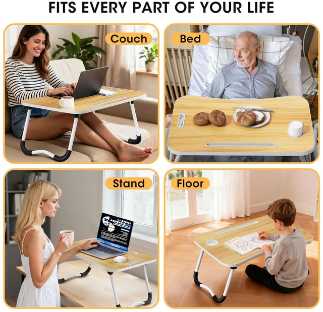 Alt view image 7 of 7 - Folding Lap Desk, 23.6 Inch Wood Laptop Bed Desk with Cup Holder, Portable Bed Table for Working Writing Reading, Eating for Bed, Floor, Sofa, Couch - Yellow