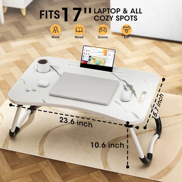 Alt view image 2 of 7 - Folding Lap Desk, 23.6 Inch Wood Laptop Bed Desk with Cup Holder, Portable Bed Table for Working Writing Reading & Eating for Bed, Sofa, Couch, Floor - White&Black