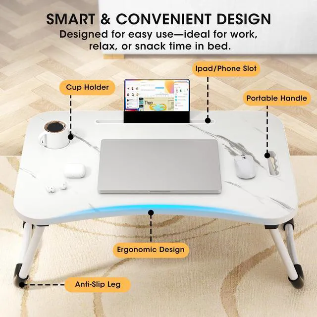 Alt view image 3 of 7 - Folding Lap Desk, 23.6 Inch Wood Laptop Bed Desk with Cup Holder, Portable Bed Table for Working Writing Reading & Eating for Bed, Sofa, Couch, Floor - White&Black