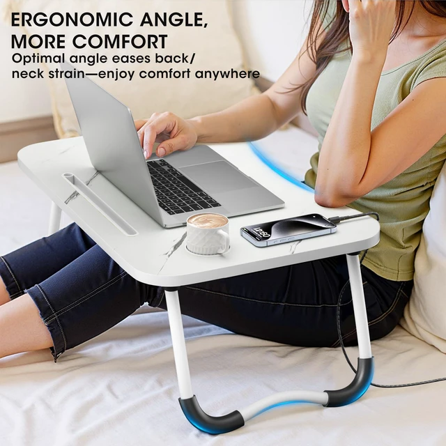Alt view image 4 of 7 - Folding Lap Desk, 23.6 Inch Wood Laptop Bed Desk with Cup Holder, Portable Bed Table for Working Writing Reading & Eating for Bed, Sofa, Couch, Floor - White&Black