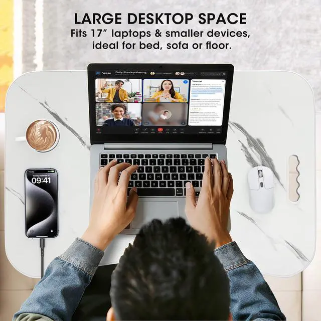 Alt view image 5 of 7 - Folding Lap Desk, 23.6 Inch Wood Laptop Bed Desk with Cup Holder, Portable Bed Table for Working Writing Reading & Eating for Bed, Sofa, Couch, Floor - White&Black