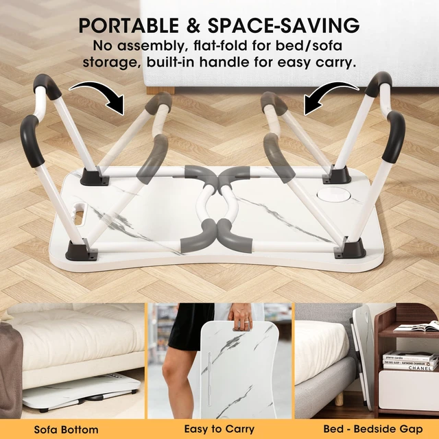 Alt view image 6 of 7 - Folding Lap Desk, 23.6 Inch Wood Laptop Bed Desk with Cup Holder, Portable Bed Table for Working Writing Reading & Eating for Bed, Sofa, Couch, Floor - White&Black