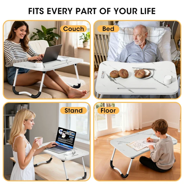 Alt view image 7 of 7 - Folding Lap Desk, 23.6 Inch Wood Laptop Bed Desk with Cup Holder, Portable Bed Table for Working Writing Reading & Eating for Bed, Sofa, Couch, Floor - White&Black
