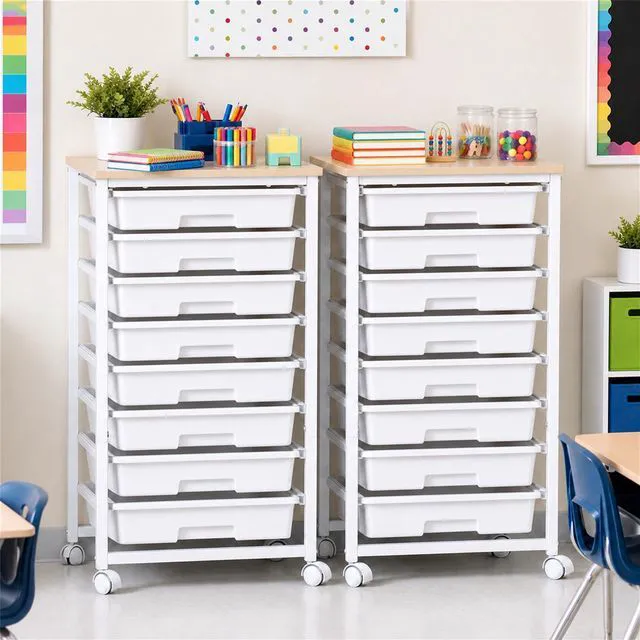 Alt view image 2 of 7 - Rolling Cart with 8 Drawers for Classroom, Craft & Art Room,White Classroom Storage Cart with Drawers on Smooth-Gliding Tracks, Craft Storage Organizer with Wood Tabletop & 2 Lockable Wheels