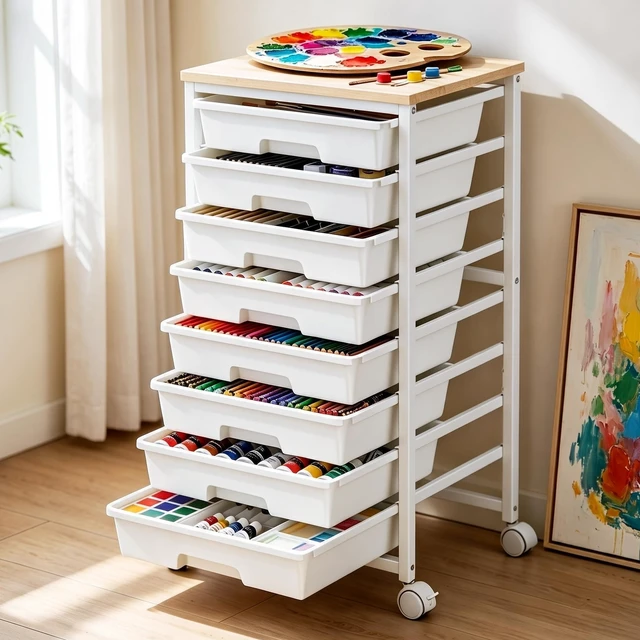 Main image of Rolling Cart with 8 Drawers for Classroom, Craft & Art Room,White Classroom Storage Cart with Drawers on Smooth-Gliding Tracks, Craft Storage Organizer with Wood Tabletop & 2 Lockable Wheels
