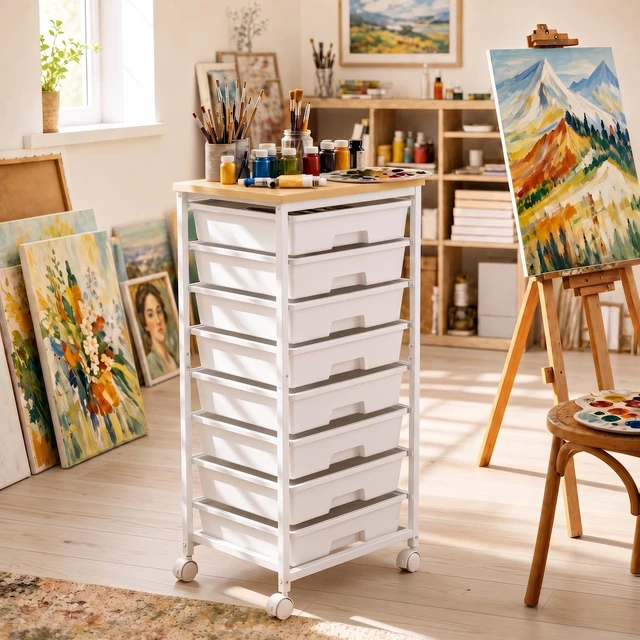 Alt view image 3 of 7 - Rolling Cart with 8 Drawers for Classroom, Craft & Art Room,White Classroom Storage Cart with Drawers on Smooth-Gliding Tracks, Craft Storage Organizer with Wood Tabletop & 2 Lockable Wheels