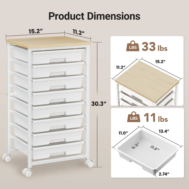 Alt view image 4 of 7 - Rolling Cart with 8 Drawers for Classroom, Craft & Art Room,White Classroom Storage Cart with Drawers on Smooth-Gliding Tracks, Craft Storage Organizer with Wood Tabletop & 2 Lockable Wheels