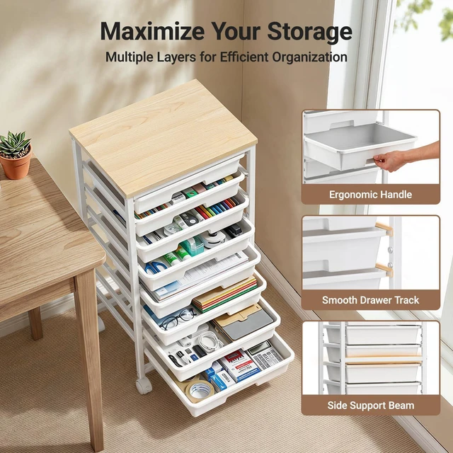 Alt view image 5 of 7 - Rolling Cart with 8 Drawers for Classroom, Craft & Art Room,White Classroom Storage Cart with Drawers on Smooth-Gliding Tracks, Craft Storage Organizer with Wood Tabletop & 2 Lockable Wheels