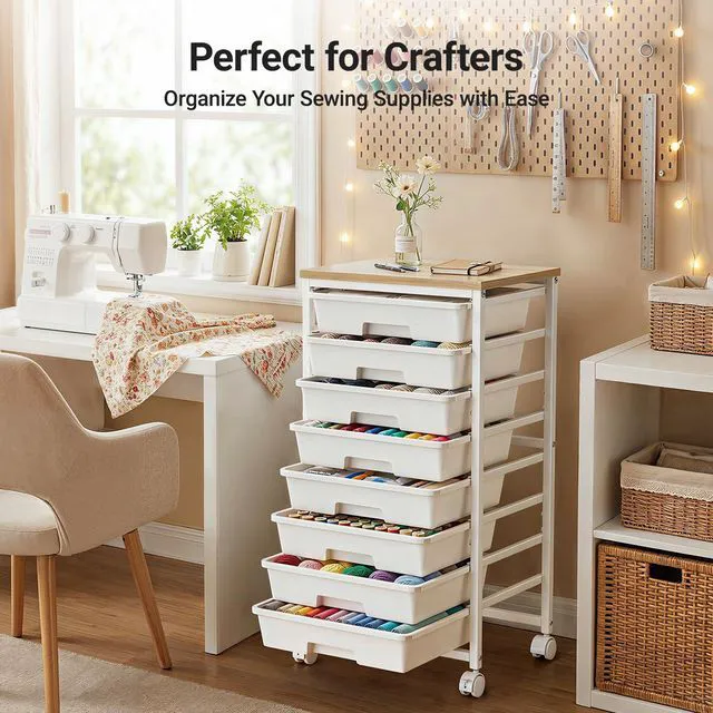Alt view image 6 of 7 - Rolling Cart with 8 Drawers for Classroom, Craft & Art Room,White Classroom Storage Cart with Drawers on Smooth-Gliding Tracks, Craft Storage Organizer with Wood Tabletop & 2 Lockable Wheels