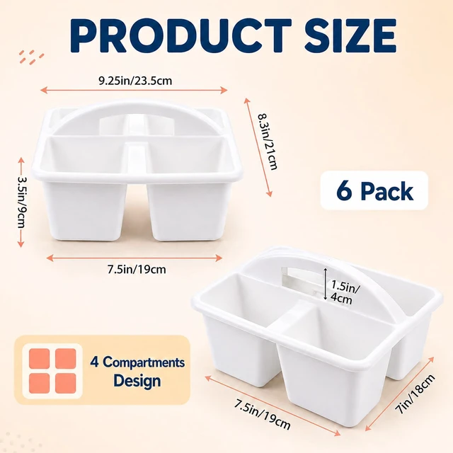 Alt view image 2 of 7 - 6 Pack Plastic Classroom Caddy with 4-Compartments Plastic Storage Caddies with Handle 4 Compartments Table Caddy Organizer Versatile Table Caddies for Classroom Office, White