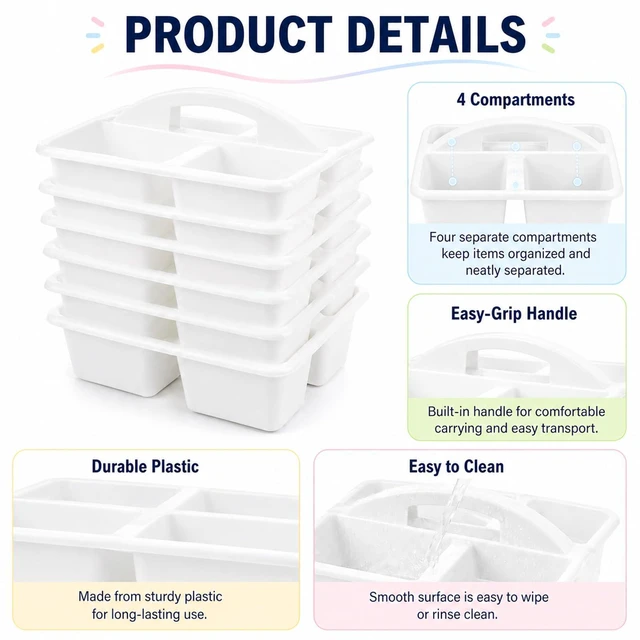 Alt view image 3 of 7 - 6 Pack Plastic Classroom Caddy with 4-Compartments Plastic Storage Caddies with Handle 4 Compartments Table Caddy Organizer Versatile Table Caddies for Classroom Office, White