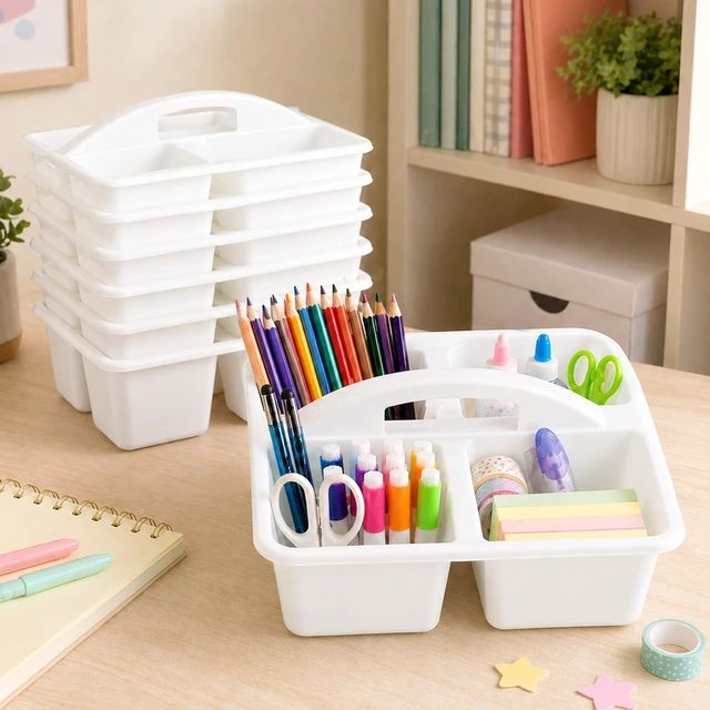 Alt view image 4 of 7 - 6 Pack Plastic Classroom Caddy with 4-Compartments Plastic Storage Caddies with Handle 4 Compartments Table Caddy Organizer Versatile Table Caddies for Classroom Office, White