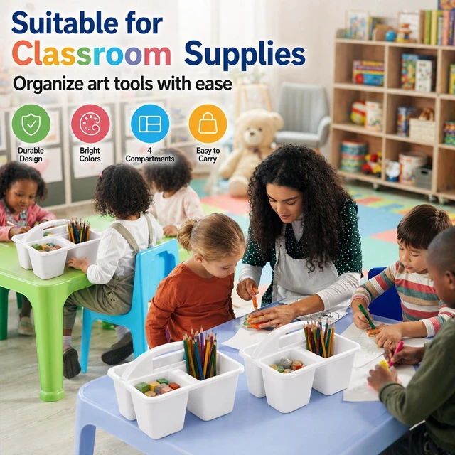 Alt view image 5 of 7 - 6 Pack Plastic Classroom Caddy with 4-Compartments Plastic Storage Caddies with Handle 4 Compartments Table Caddy Organizer Versatile Table Caddies for Classroom Office, White