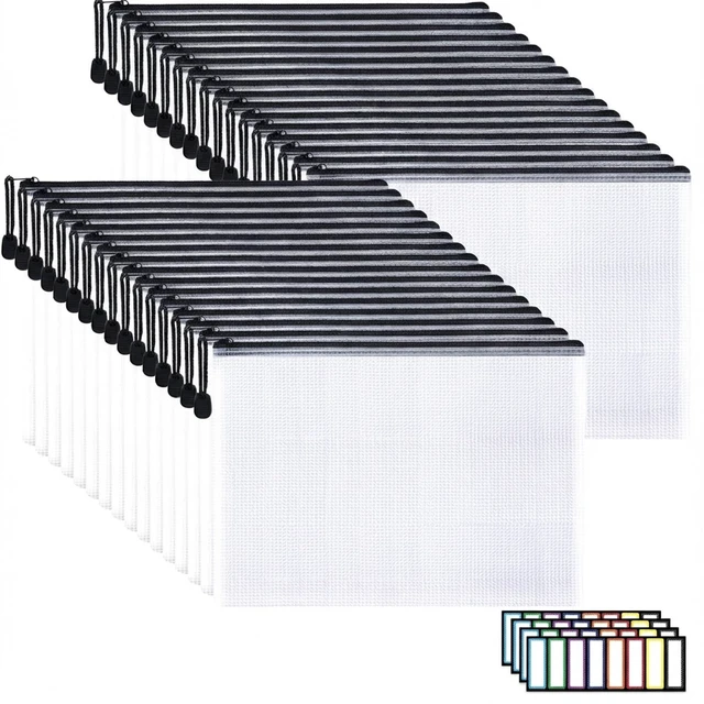 Main image of 32pcs A4 Zipper Pouch Bags, Mesh Pouch Bags with Labels for Board Games & Puzzles Supplies, Waterproof Document Zipper Cases for School Toys Office Cosmetics Travel Storage,Black
