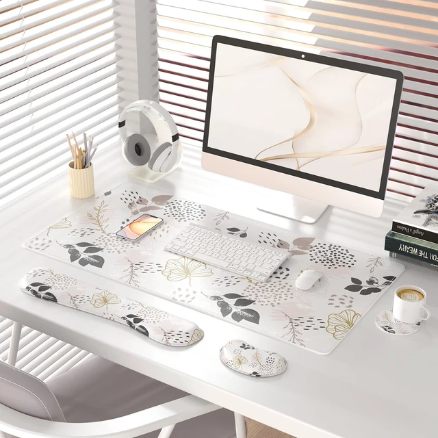 Alt view image 2 of 7 - PU Leather Desk Mat Set, 4-in-1 Ergonomic Wrist Rest, Botanical Leaf Waterproof Large Mouse Pad 31.5×15.7 + Keyboard Wrist Rest + Mouse Wrist Support+Coaster, Non-Slip Office Gaming Accessories