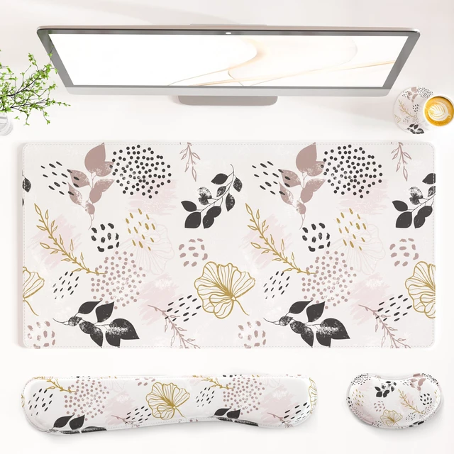 Main image of PU Leather Desk Mat Set, 4-in-1 Ergonomic Wrist Rest, Botanical Leaf Waterproof Large Mouse Pad 31.5×15.7 + Keyboard Wrist Rest + Mouse Wrist Support+Coaster, Non-Slip Office Gaming Accessories