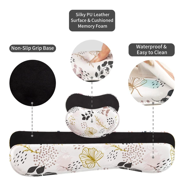Alt view image 6 of 7 - PU Leather Desk Mat Set, 4-in-1 Ergonomic Wrist Rest, Botanical Leaf Waterproof Large Mouse Pad 31.5×15.7 + Keyboard Wrist Rest + Mouse Wrist Support+Coaster, Non-Slip Office Gaming Accessories