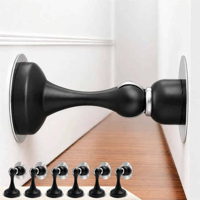Main image of 6 Pack Magnetic Door Stop No Drilling Door Stop with 3D Adhesive Tapes Keep Door Open Door Stainless Steel Screws for Stronger Mount (Black)