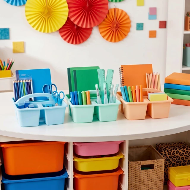 Alt view image 4 of 7 - 18 Pack Classroom Caddy Organizer with Handle Bulk, Morandi Color Plastic Art Craft Cleaning Caddy, Small Multipurpose Supply Organization Storage, Basket for Table Desk Office Pencil Teacher