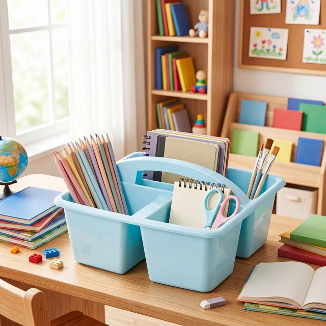 Alt view image 7 of 7 - 18 Pack Classroom Caddy Organizer with Handle Bulk, Morandi Color Plastic Art Craft Cleaning Caddy, Small Multipurpose Supply Organization Storage, Basket for Table Desk Office Pencil Teacher