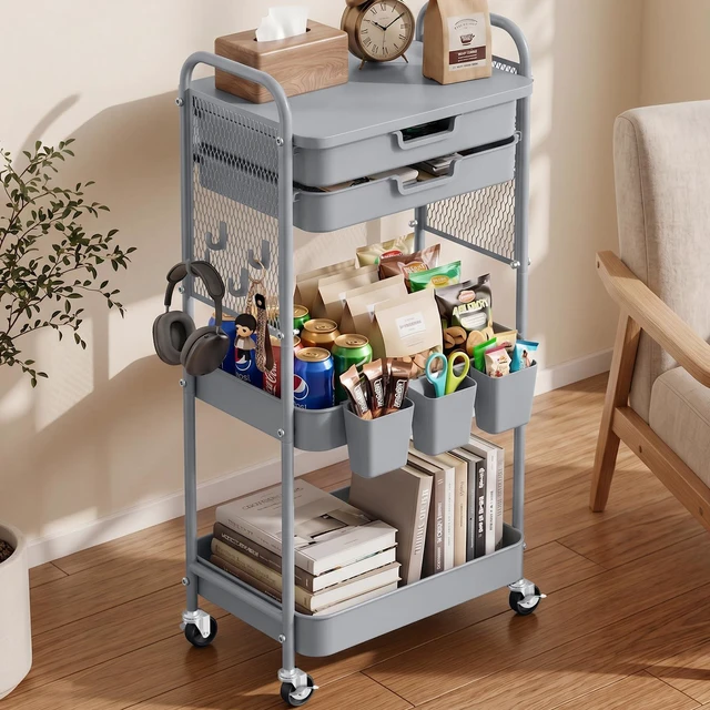 Main image of 3 Tier Rolling Cart with 2 Drawers, Metal Utility Storage Carts with Wheels Kitchen Rolling Cart 4.5" Deep Basket, Mesh Side Panel with 3 Cups, 4 Hooks for Office, Bedside, Craft Storage Cart