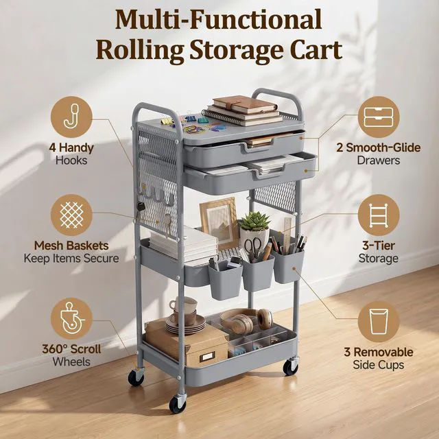Alt view image 2 of 7 - 3 Tier Rolling Cart with 2 Drawers, Metal Utility Storage Carts with Wheels Kitchen Rolling Cart 4.5" Deep Basket, Mesh Side Panel with 3 Cups, 4 Hooks for Office, Bedside, Craft Storage Cart