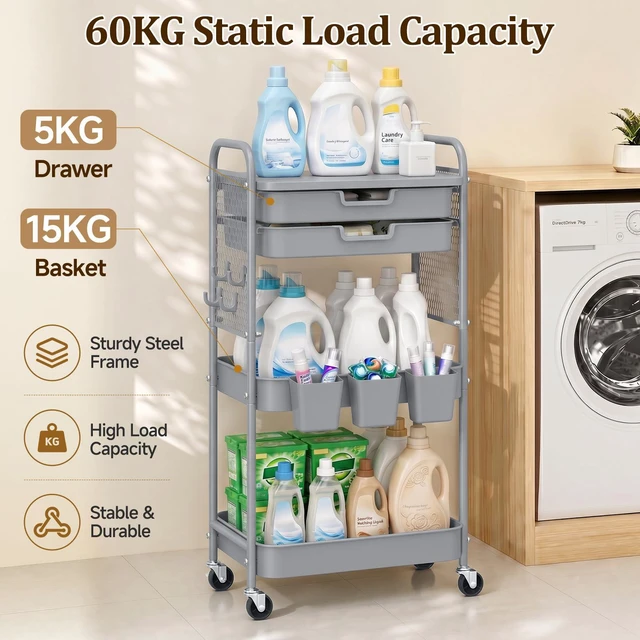 Alt view image 4 of 7 - 3 Tier Rolling Cart with 2 Drawers, Metal Utility Storage Carts with Wheels Kitchen Rolling Cart 4.5" Deep Basket, Mesh Side Panel with 3 Cups, 4 Hooks for Office, Bedside, Craft Storage Cart