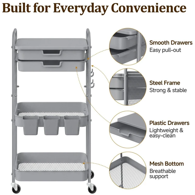 Alt view image 5 of 7 - 3 Tier Rolling Cart with 2 Drawers, Metal Utility Storage Carts with Wheels Kitchen Rolling Cart 4.5" Deep Basket, Mesh Side Panel with 3 Cups, 4 Hooks for Office, Bedside, Craft Storage Cart