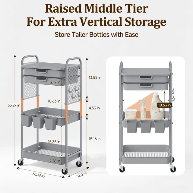 Alt view image 3 of 7 - 3 Tier Rolling Cart with 2 Drawers, Metal Utility Storage Carts with Wheels Kitchen Rolling Cart 4.5" Deep Basket, Mesh Side Panel with 3 Cups, 4 Hooks for Office, Bedside, Craft Storage Cart