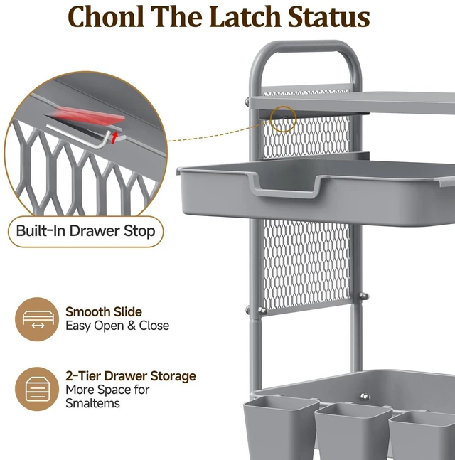 Alt view image 6 of 7 - 3 Tier Rolling Cart with 2 Drawers, Metal Utility Storage Carts with Wheels Kitchen Rolling Cart 4.5" Deep Basket, Mesh Side Panel with 3 Cups, 4 Hooks for Office, Bedside, Craft Storage Cart