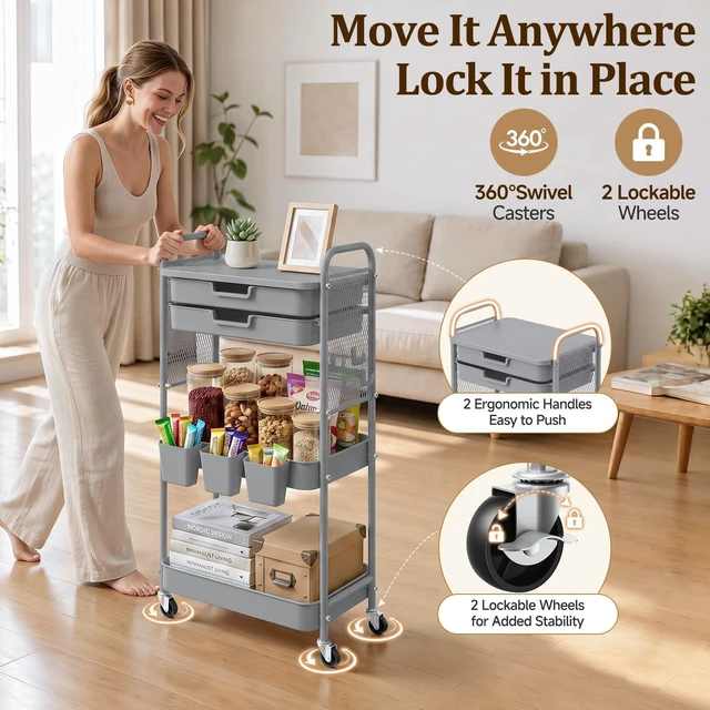 Alt view image 7 of 7 - 3 Tier Rolling Cart with 2 Drawers, Metal Utility Storage Carts with Wheels Kitchen Rolling Cart 4.5" Deep Basket, Mesh Side Panel with 3 Cups, 4 Hooks for Office, Bedside, Craft Storage Cart