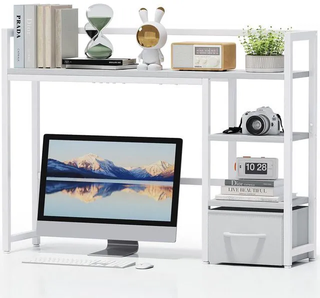 Main image of Desk Shelf with Drawer, 40" Desk Hutch for Computer Monitor, Desk Shelf for top of Desk, Wooden Desktop Bookshelf Storage Rack for Home Office Dorm - White