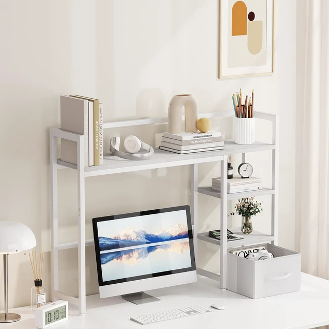 Alt view image 2 of 7 - Desk Shelf with Drawer, 40" Desk Hutch for Computer Monitor, Desk Shelf for top of Desk, Wooden Desktop Bookshelf Storage Rack for Home Office Dorm - White