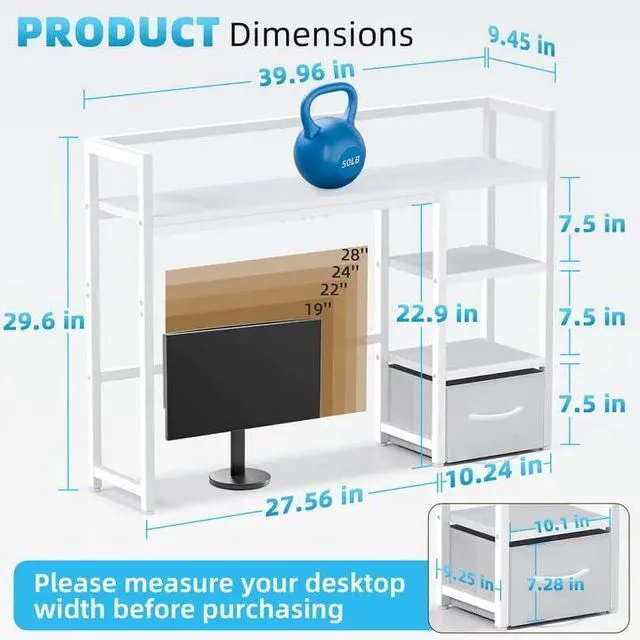 Alt view image 3 of 7 - Desk Shelf with Drawer, 40" Desk Hutch for Computer Monitor, Desk Shelf for top of Desk, Wooden Desktop Bookshelf Storage Rack for Home Office Dorm - White