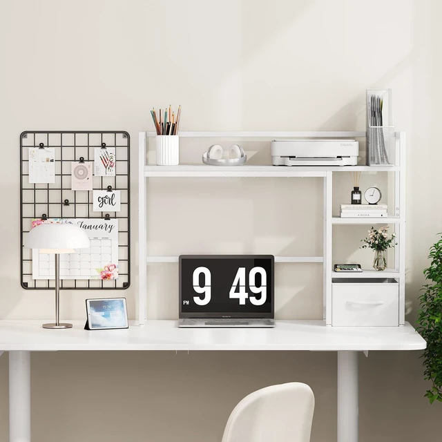 Alt view image 5 of 7 - Desk Shelf with Drawer, 40" Desk Hutch for Computer Monitor, Desk Shelf for top of Desk, Wooden Desktop Bookshelf Storage Rack for Home Office Dorm - White
