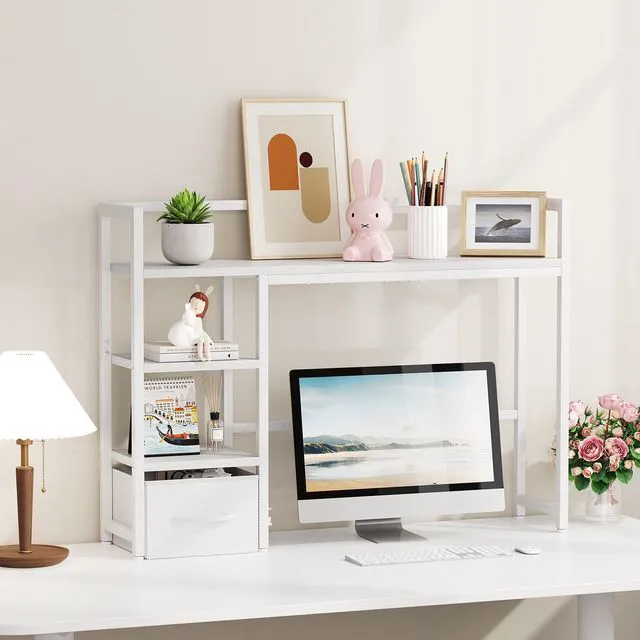 Alt view image 6 of 7 - Desk Shelf with Drawer, 40" Desk Hutch for Computer Monitor, Desk Shelf for top of Desk, Wooden Desktop Bookshelf Storage Rack for Home Office Dorm - White