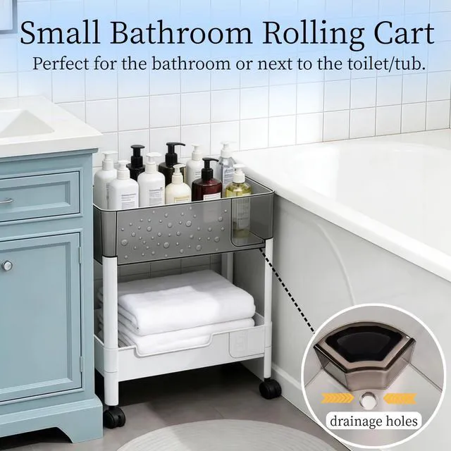 Alt view image 2 of 7 - 2 Tier Rolling Cart with Wheels for Under Desk Storage, Heavy Duty Plastic Short Small Utility Cart for Small Space Bathroom Vanity Makeup Organizer Pantry, 4.7'' Deep Baskets for Tall Bottles