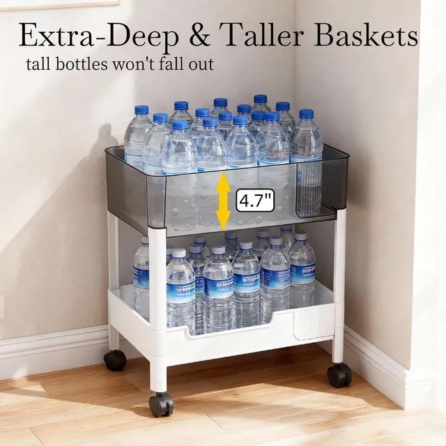 Alt view image 4 of 7 - 2 Tier Rolling Cart with Wheels for Under Desk Storage, Heavy Duty Plastic Short Small Utility Cart for Small Space Bathroom Vanity Makeup Organizer Pantry, 4.7'' Deep Baskets for Tall Bottles